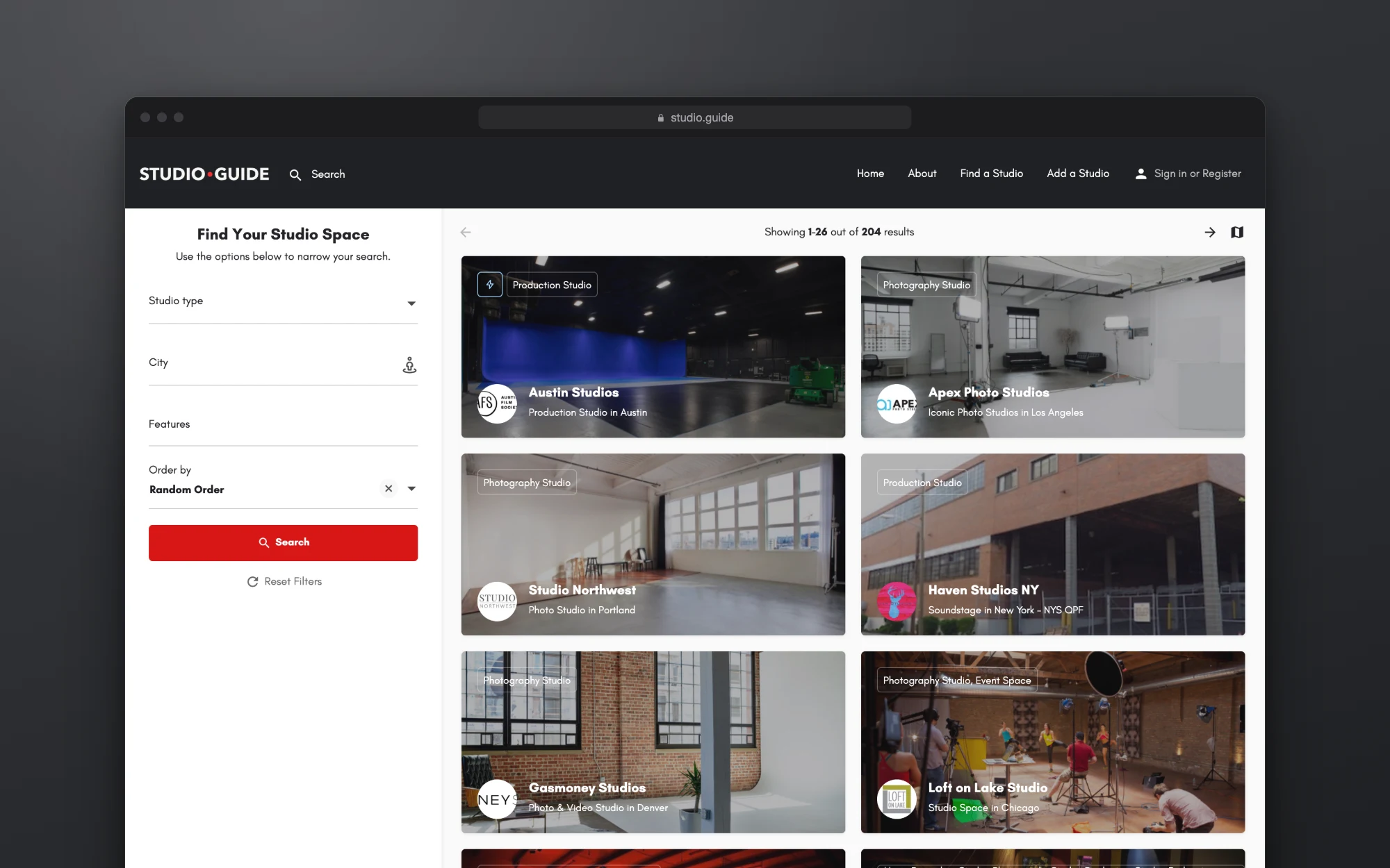Find a Studio: filters beside a grid of studios
