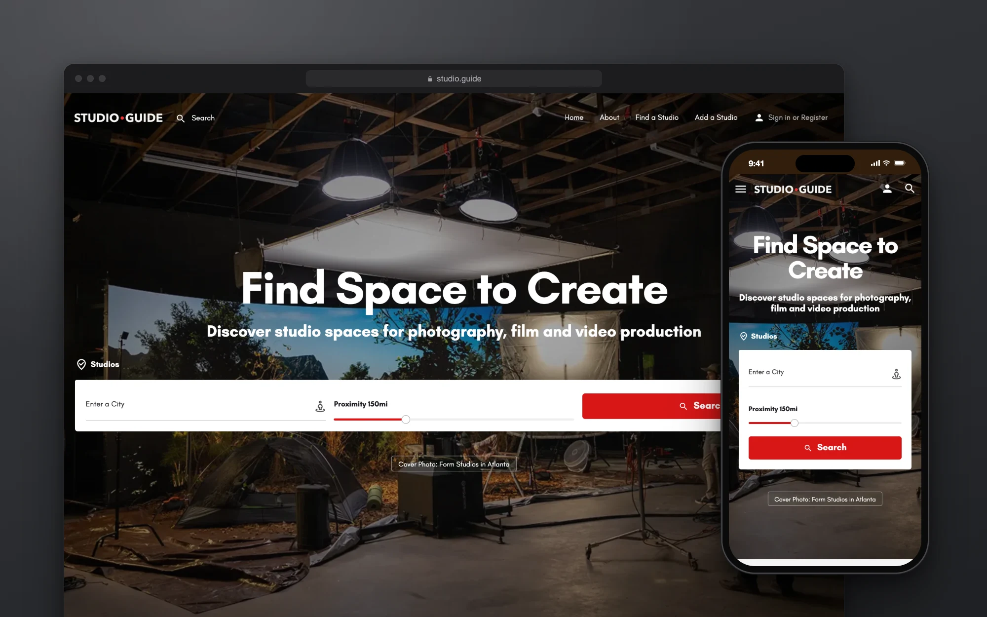Studio.Guide’s home page in a browser, with the same page on a phone beside it