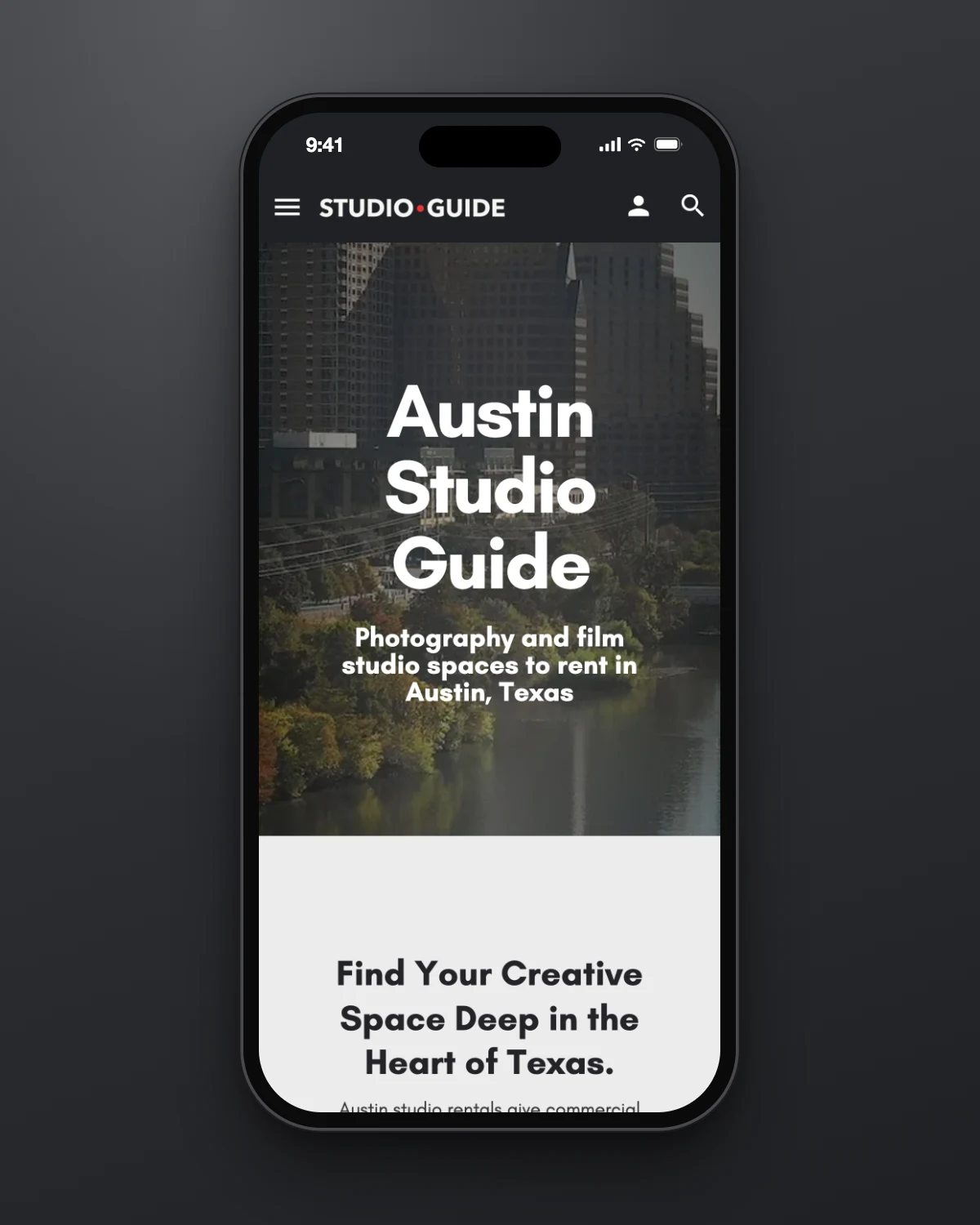 The Austin Studio Guide on a phone