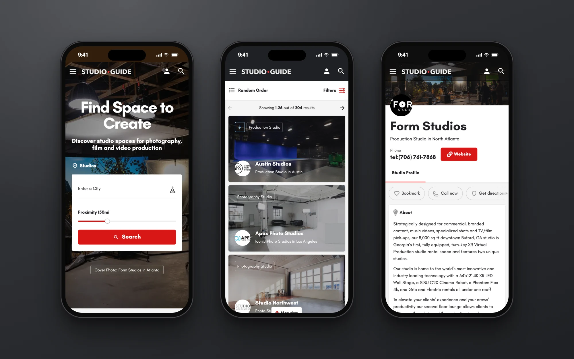 The home page, Find a Studio and a studio profile on three phones