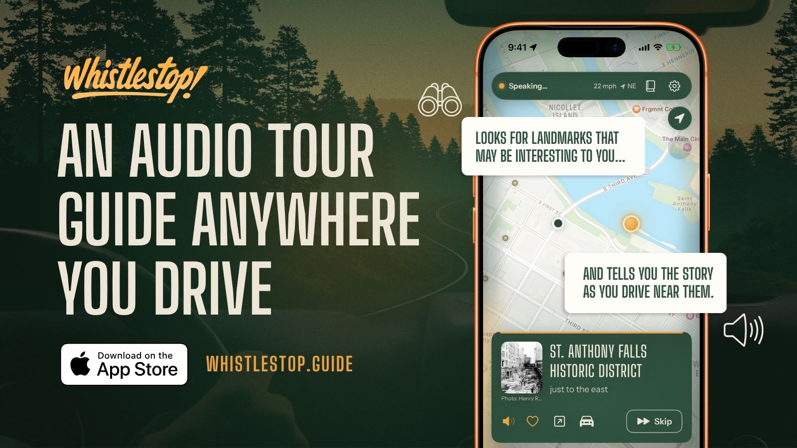 Whistlestop! on an iPhone, showing a map and the St. Anthony Falls Historic District as you drive past it