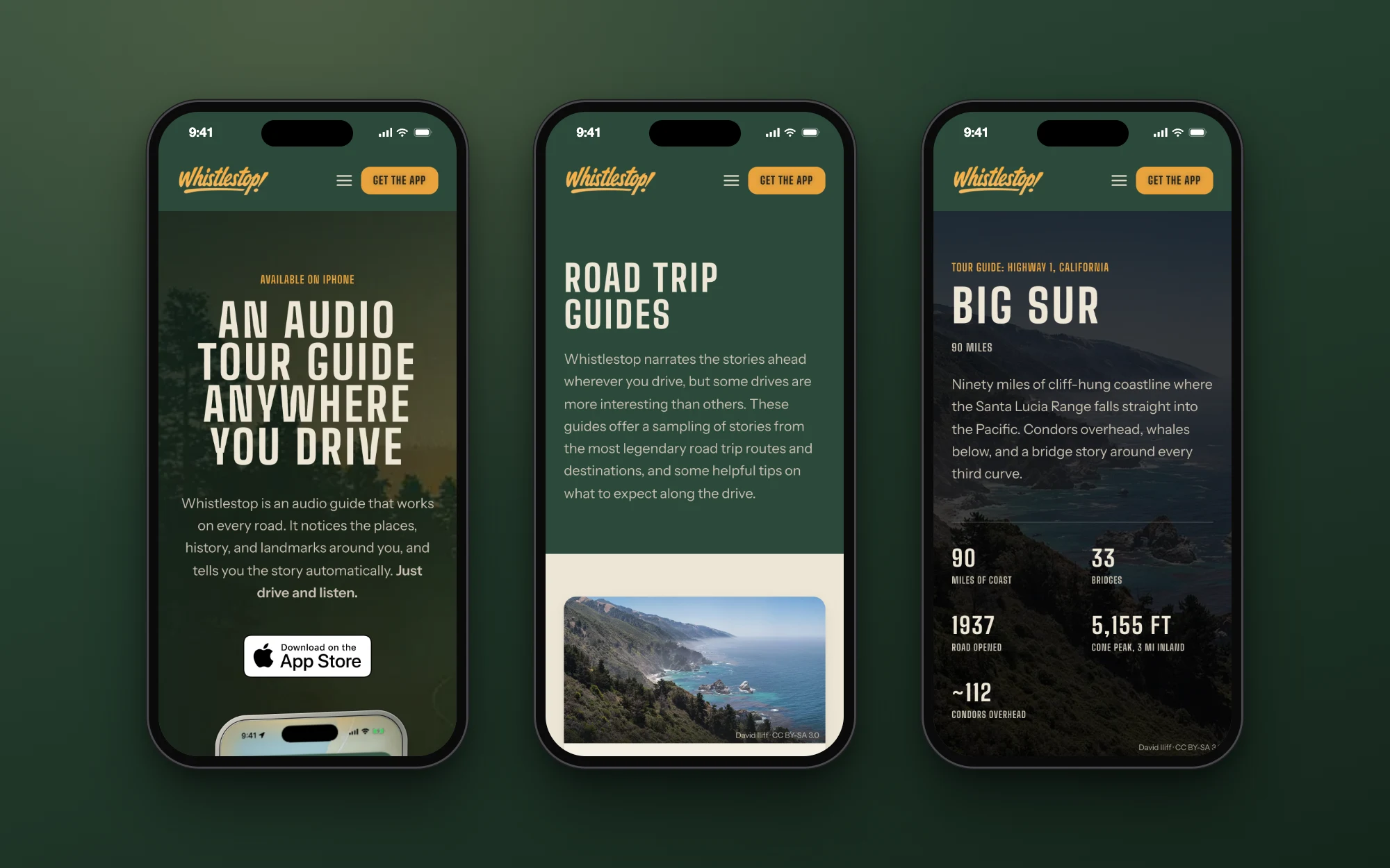 The home page, Road Trip Guides and the Big Sur guide on three phones