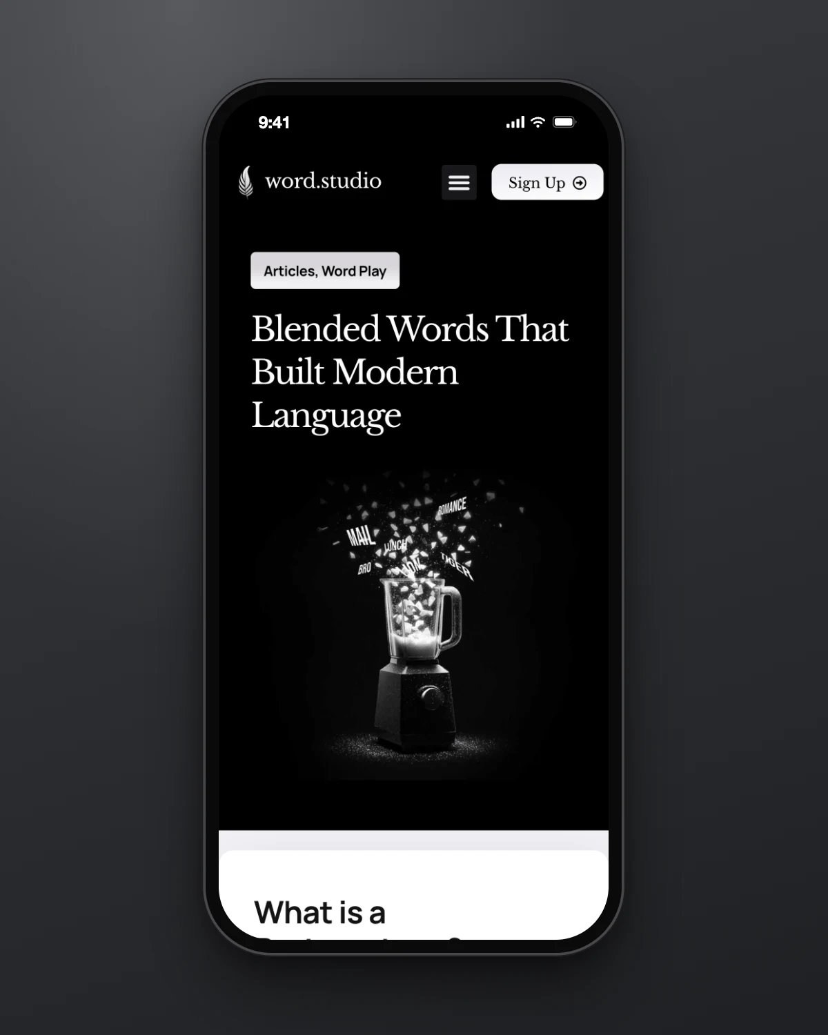 A Word.Studio article, Blended Words That Built Modern Language, on a phone