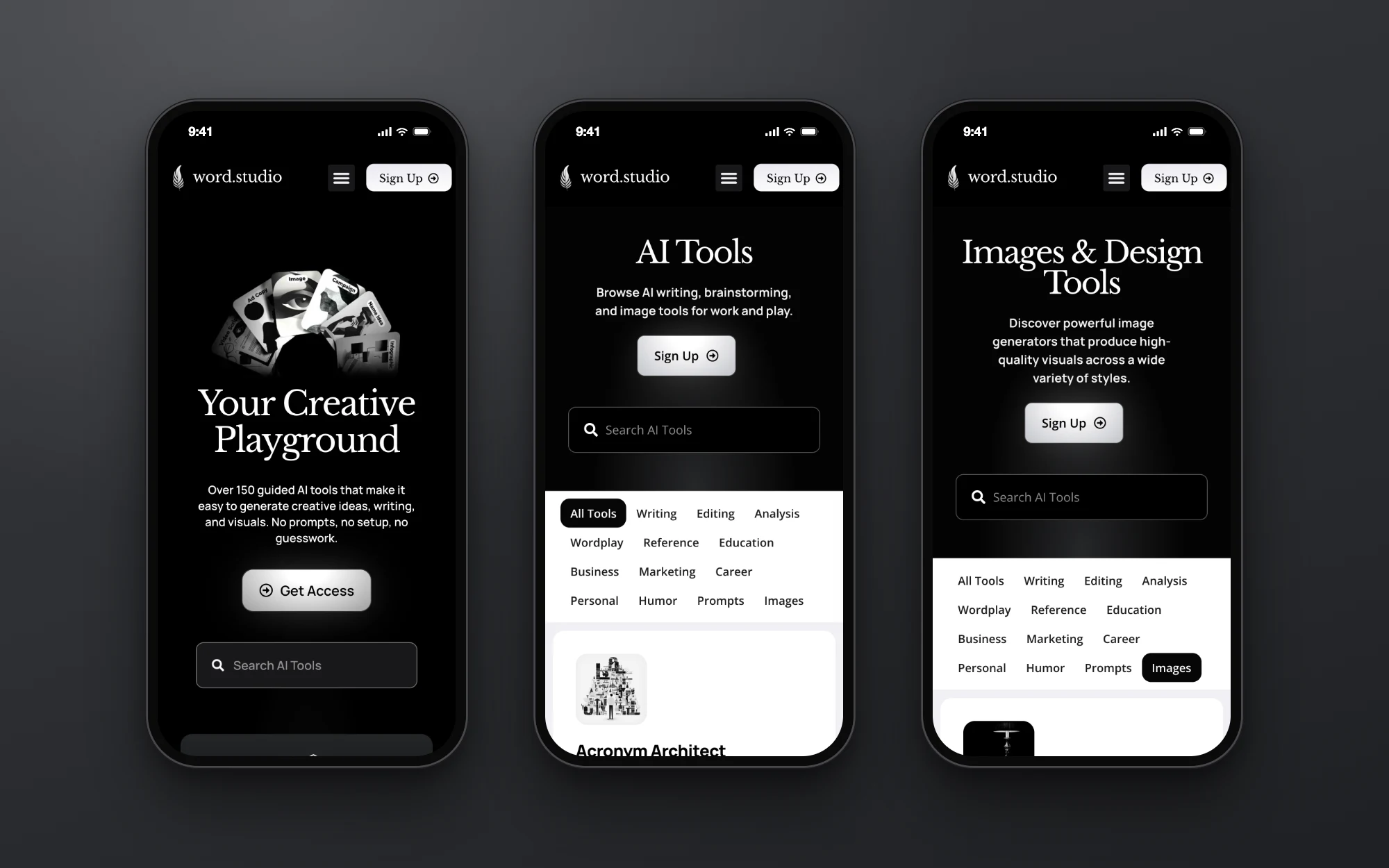 The home page, AI Tools and Images & Design tools on three phones