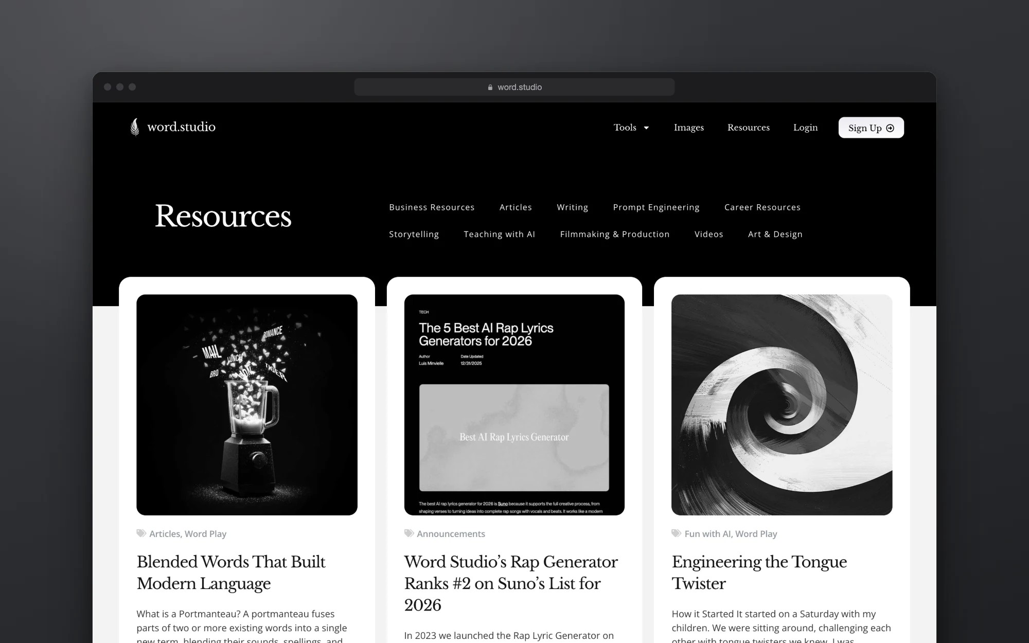The Resources page of articles