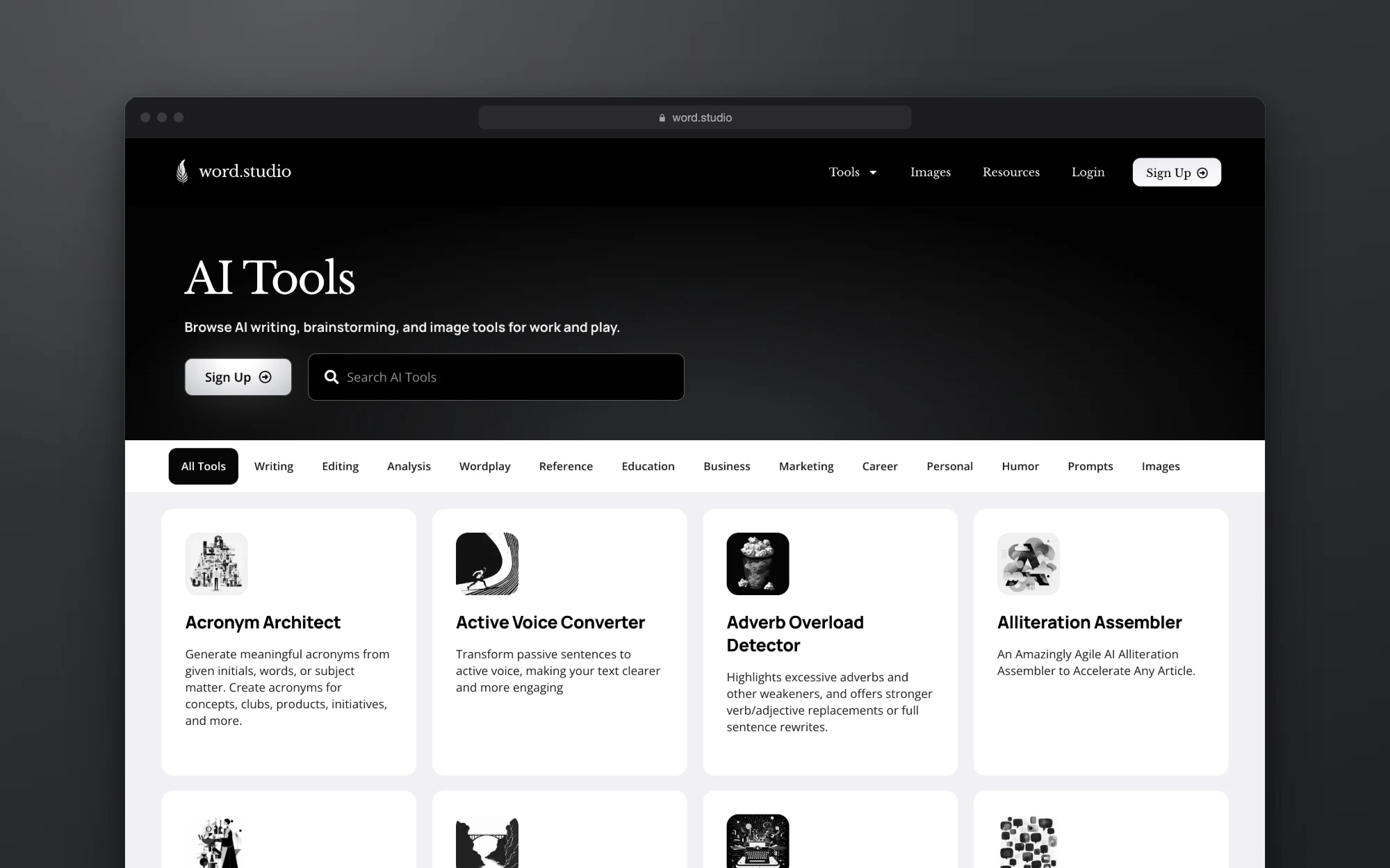 The AI Tools directory and its category filters